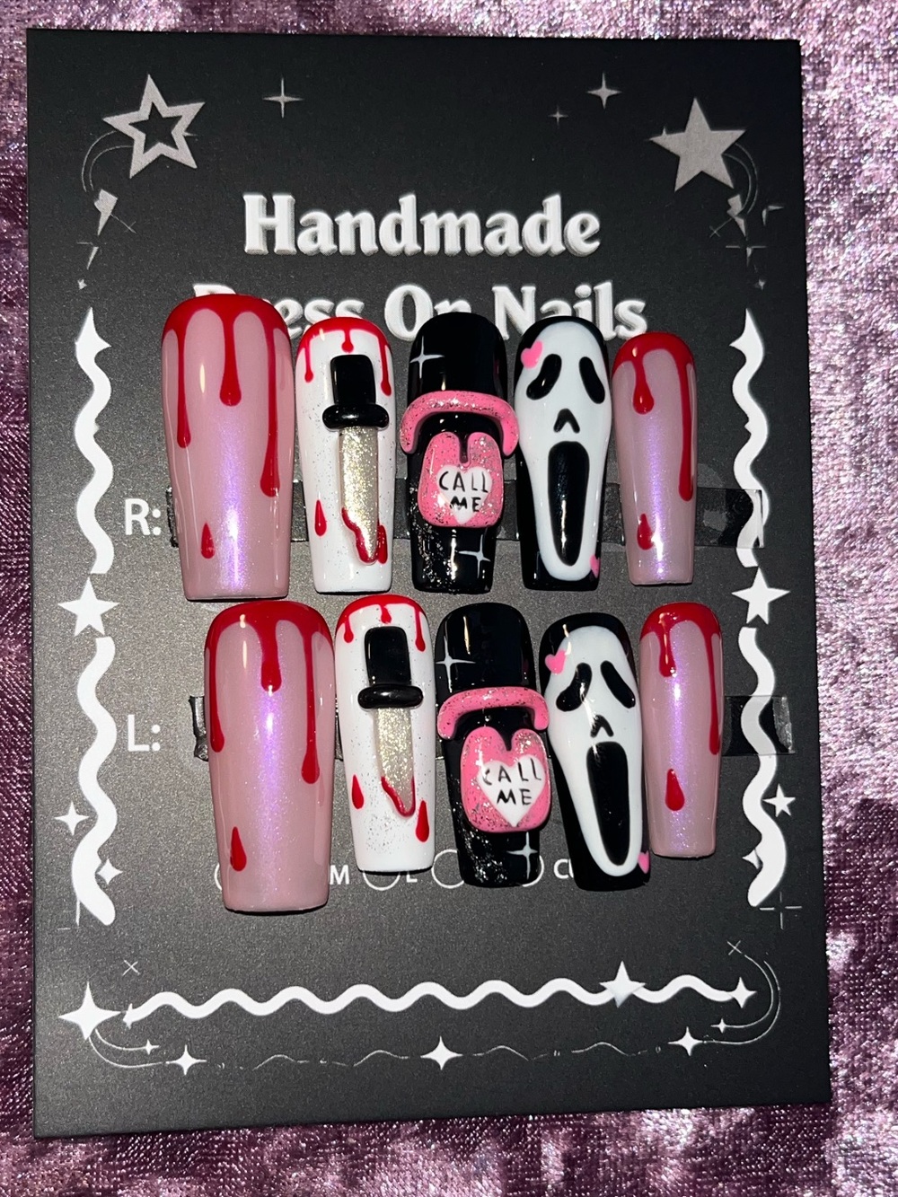 Handmade Pink & Black Halloween Drip Press-On Nails